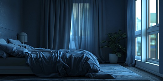 Dormitorio en penumbra con luz azul nocturna entrando por la ventana, ambiente tranquilo para dormir.