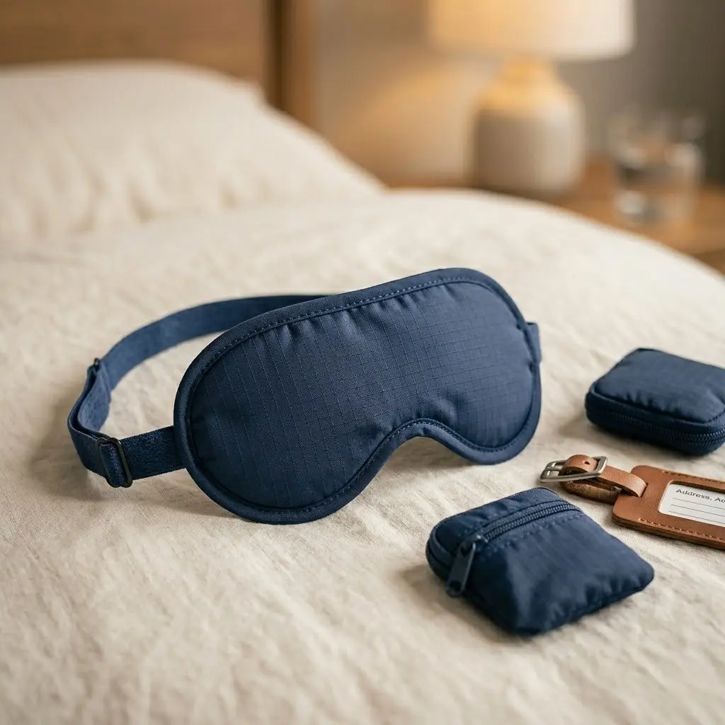 Antifaz de viaje azul para dormir con banda ajustable y accesorios sobre una cama.