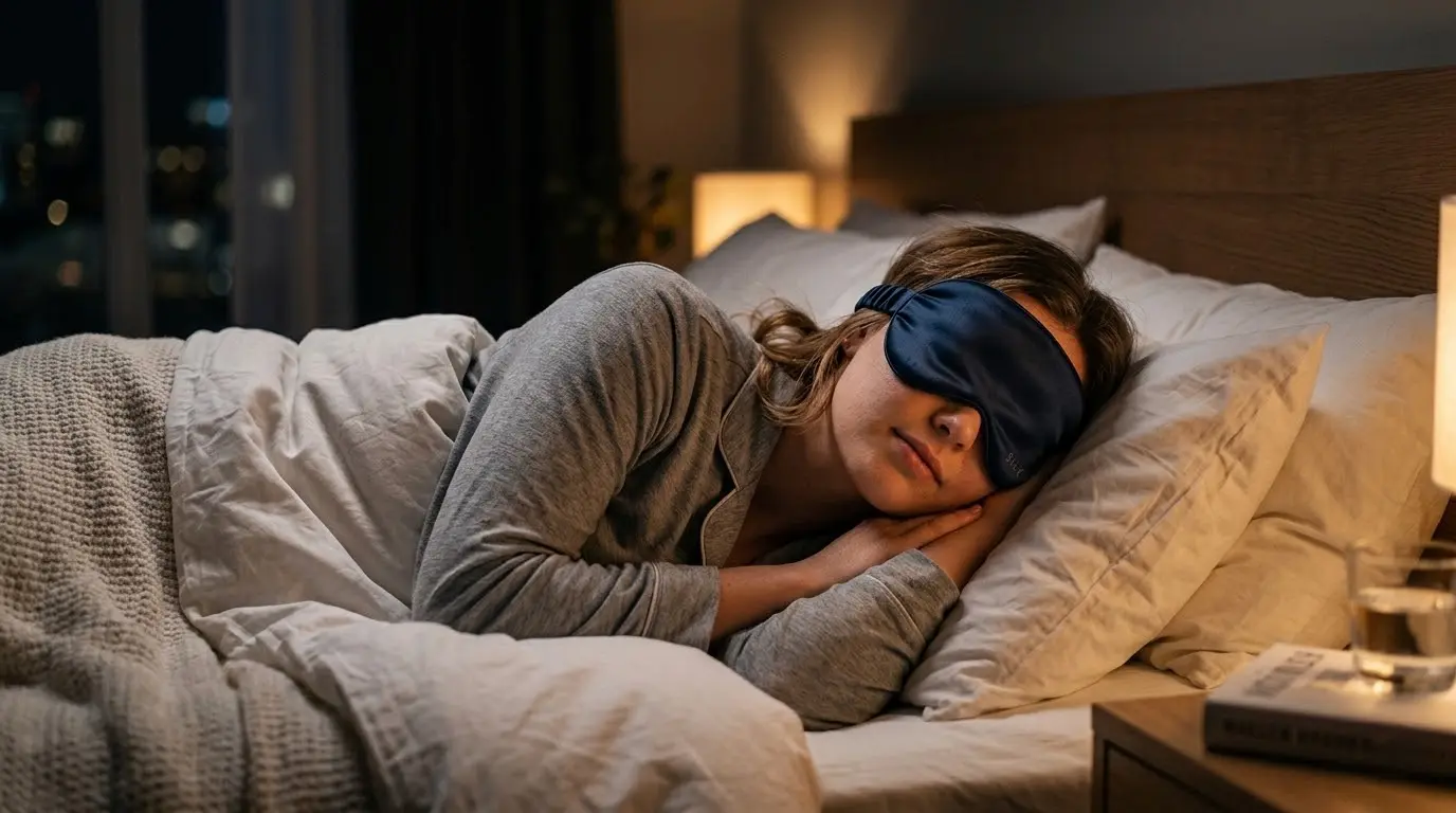 Mujer durmiendo plácidamente con un antifaz de seda azul oscuro en una cama acogedora.