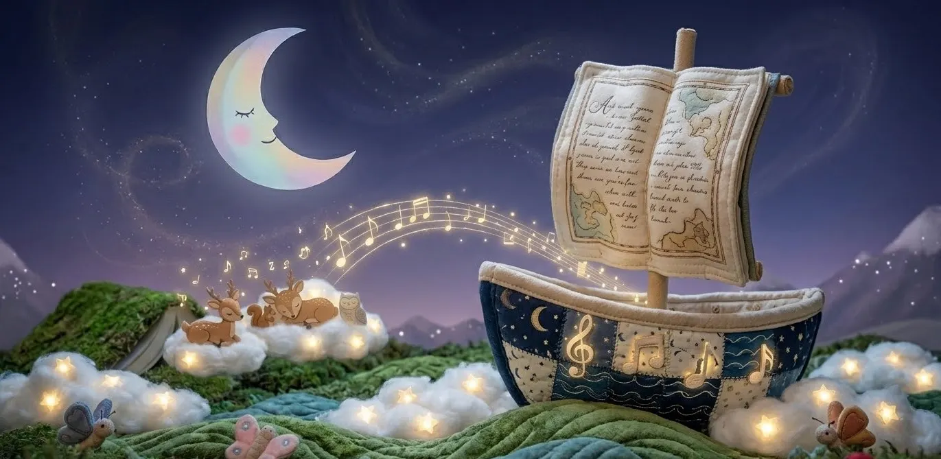 Barco de tela acolchada con velas de páginas de libro navegando sobre un mar de colchas y nubes bajo la luna.