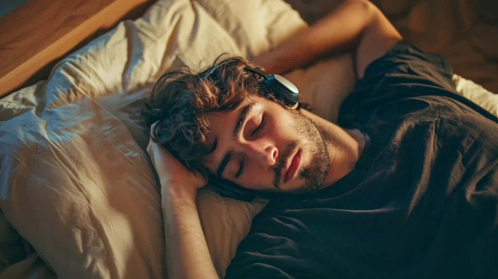 Hombre durmiendo con auriculares en la cama, en un ambiente cálido y relajante.