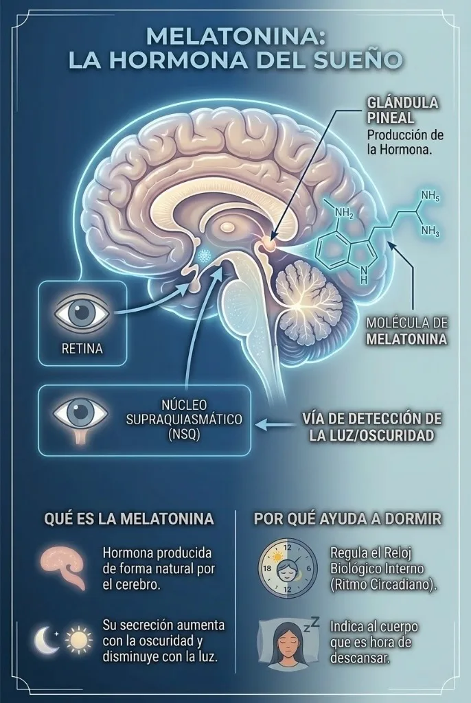 Infografía detallada del funcionamiento de la melatonina en el cerebro y el ciclo del sueño.