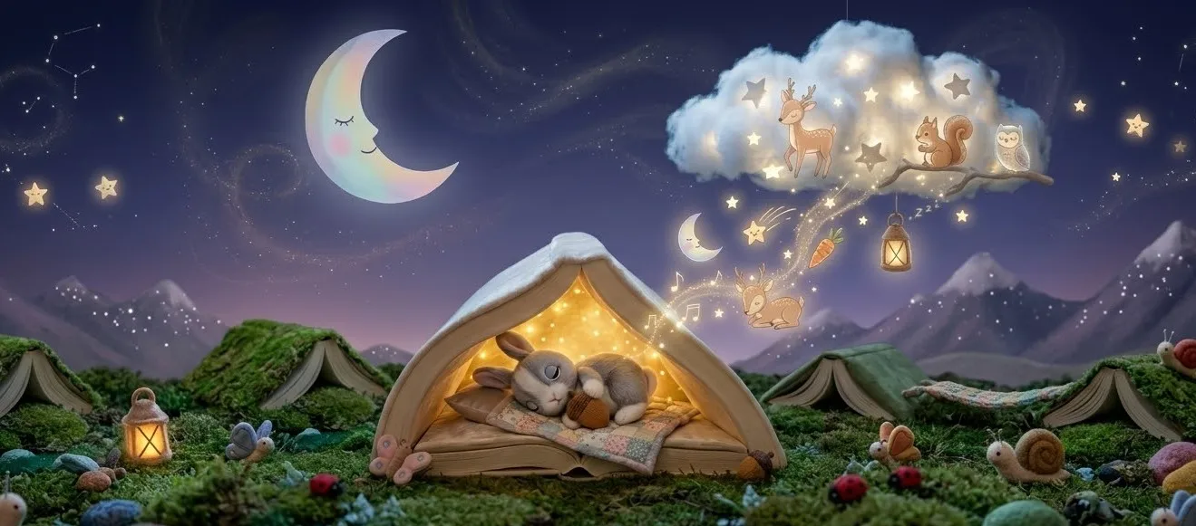 Conejito durmiendo dentro de un libro madriguera con luces cálidas y elementos mágicos en un paisaje nocturno.