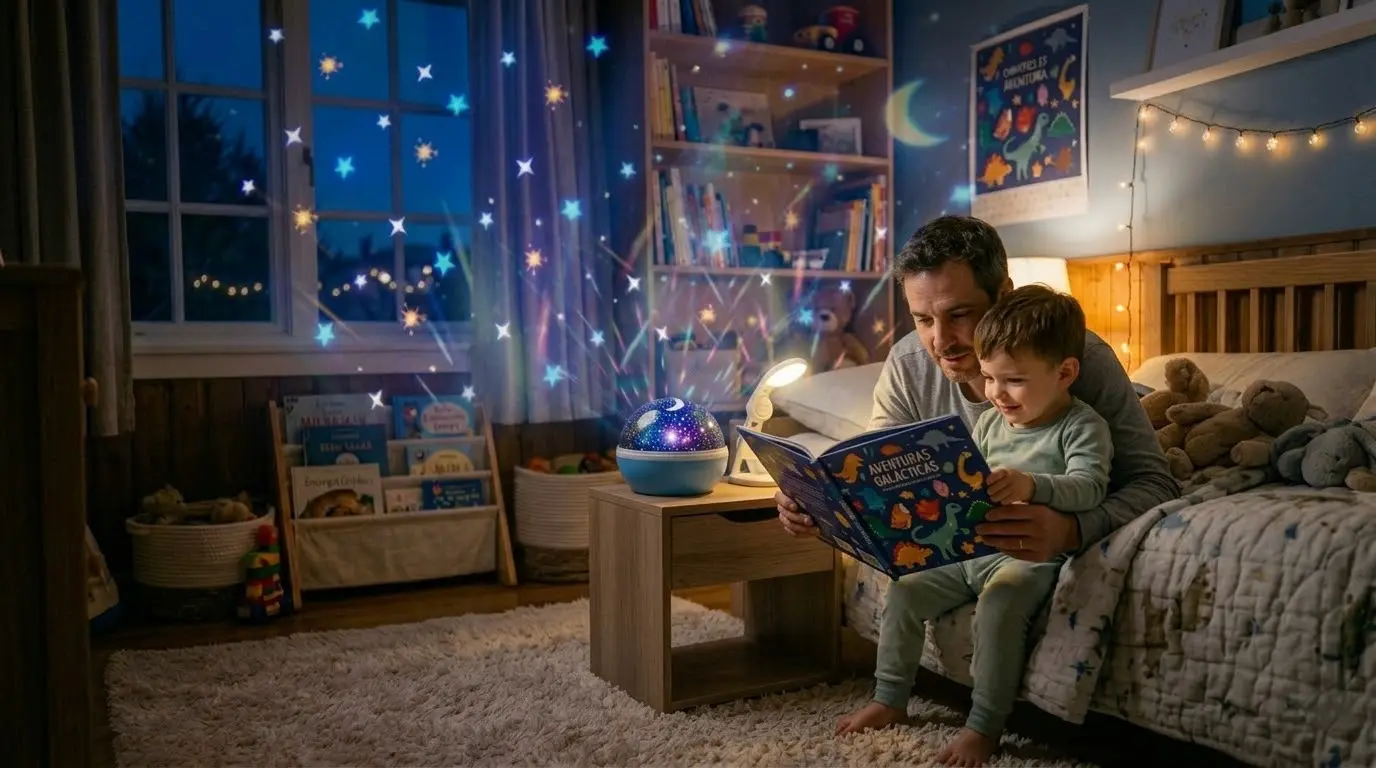 Padre leyendo un cuento a su hijo antes de dormir con proyector de estrellas en una habitación infantil acogedora