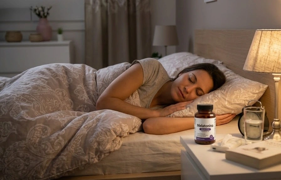 Una mujer duerme profundamente junto a una bote de Melatonina en la mesita de noche.