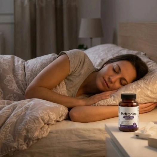 Una mujer duerme profundamente junto a una bote de Melatonina en la mesita de noche.