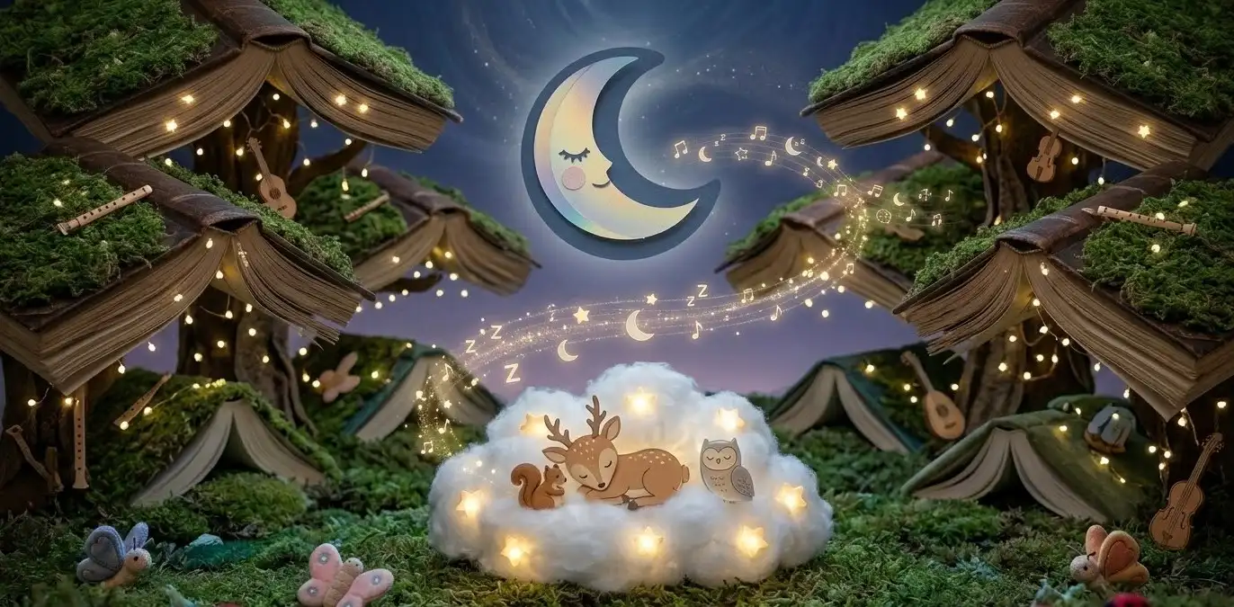Ilustración onírica de animales durmiendo en nubes bajo un bosque de libros gigantescos con luces de hadas.