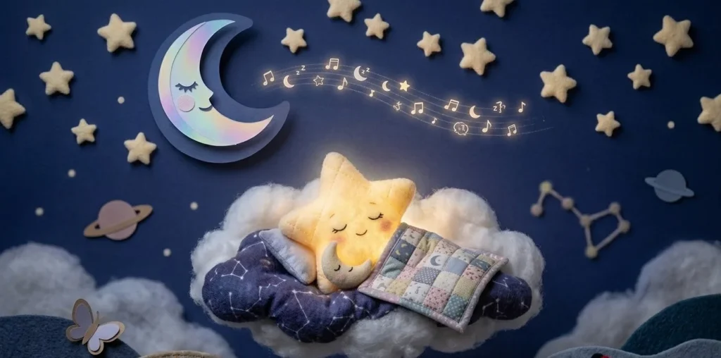 Ilustración de fieltro de una estrella durmiendo en una nube bajo un cielo nocturno con notas musicales.