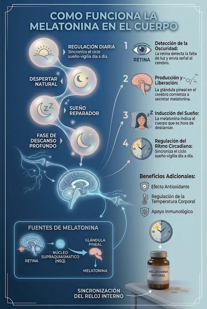 Infografía que explica cómo la melatonina regula el sueño y el ritmo circadiano en el cuerpo.