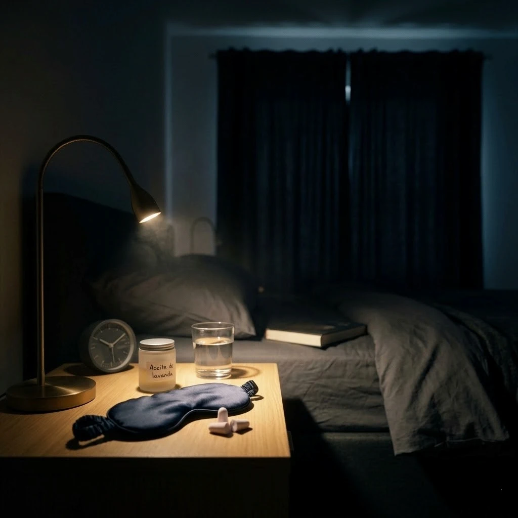 Mesilla de noche con lámpara tenue, antifaz, aceite de lavanda y vaso de agua junto a una cama.