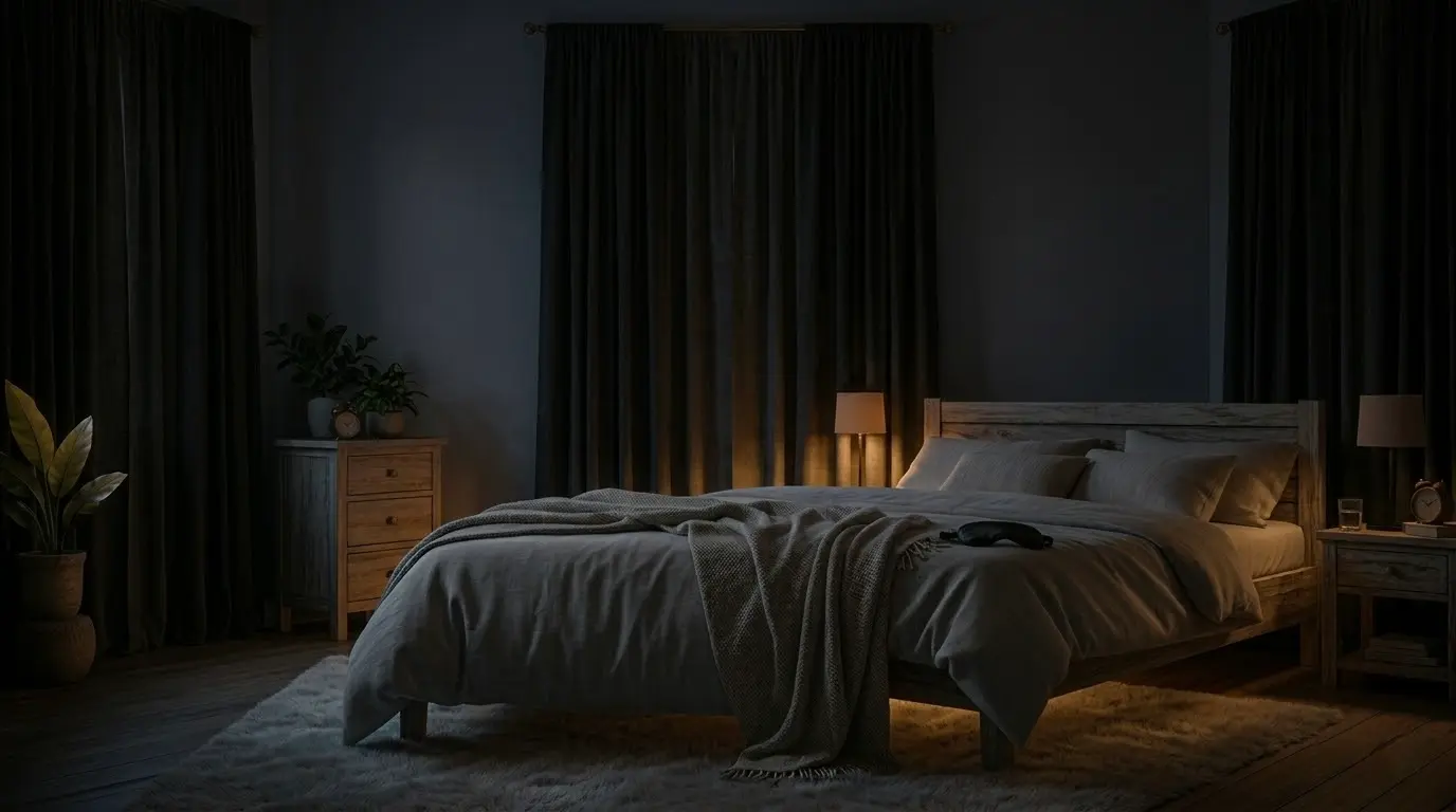 Dormitorio acogedor con luz tenue, cama ordenada y cortinas oscuras, ambiente tranquilo para dormir.