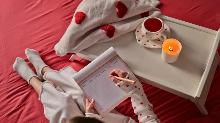 Persona planificando la semana en la cama, con vela encendida y ambiente acogedor.