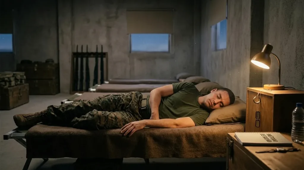 Soldado durmiendo en una litera de cuartel con luz tenue de una lámpara, ambiente tranquilo de descanso nocturno.