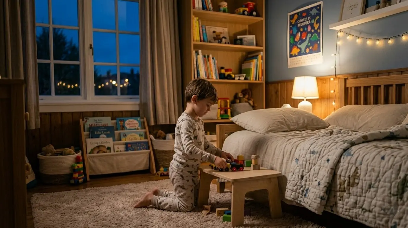 Niño jugando con bloques en su habitación infantil, iluminada con luz cálida al anochecer.