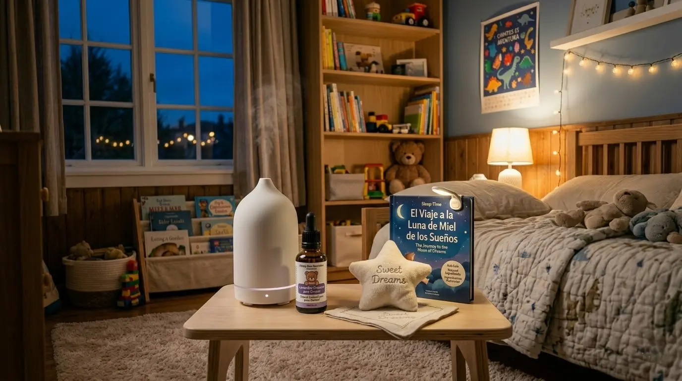 Productos para ayudar a dormir a niños en una habitación infantil acogedora con luz cálida y ambiente relajante