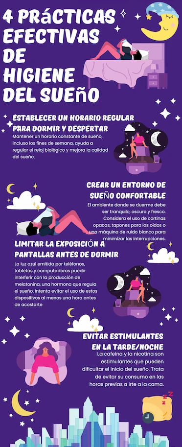 Infografía sobre higiene del sueño con consejos: rutina regular, ambiente adecuado, menos pantallas y evitar estimulantes.