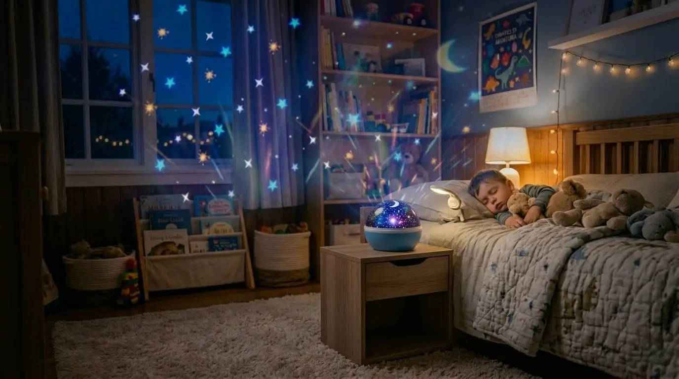 Niño durmiendo con peluche en habitación infantil, iluminada por un proyector de estrellas.