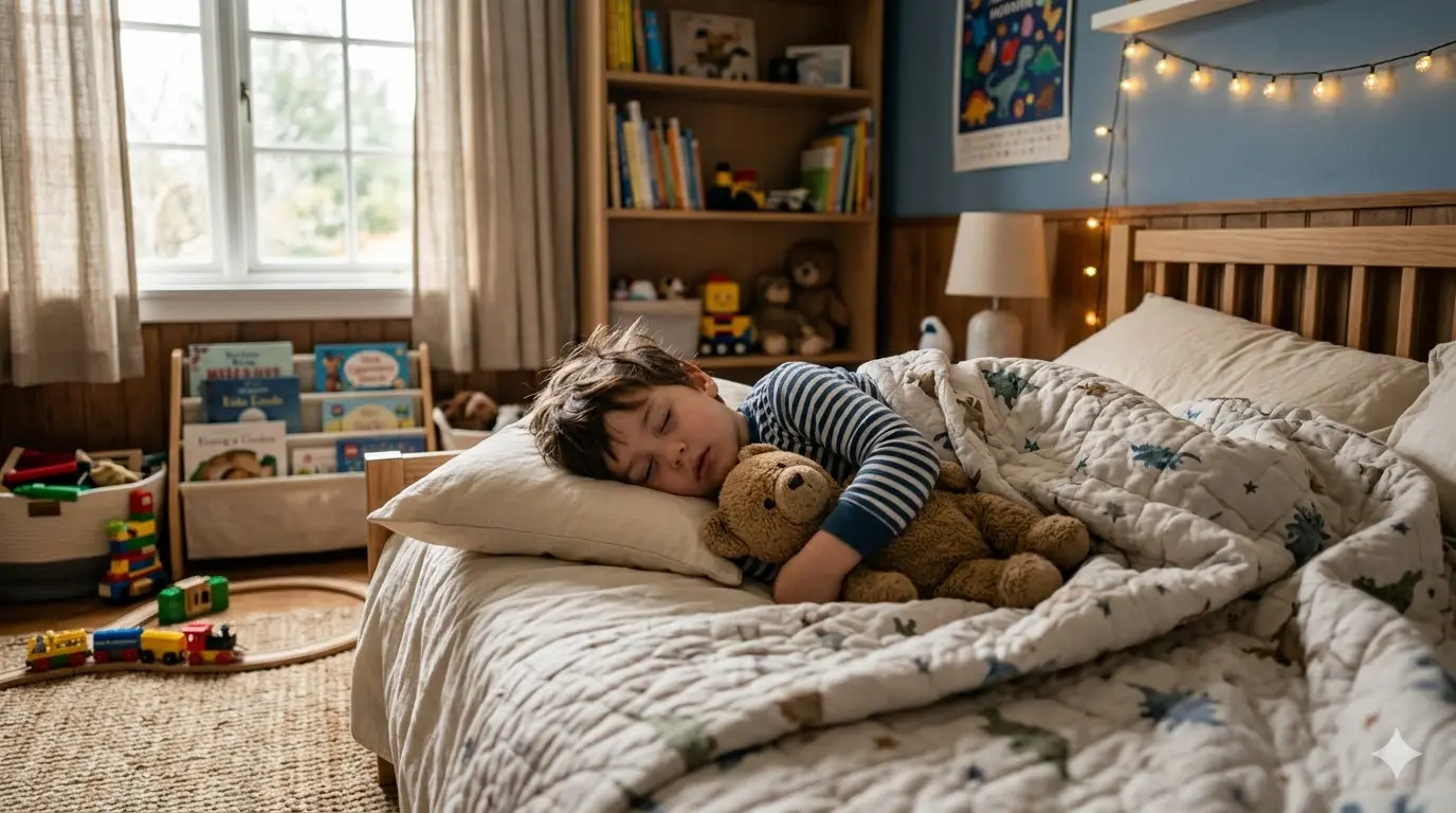 Niño durmiendo abrazando un peluche en una habitación acogedora con luz cálida y ambiente tranquilo