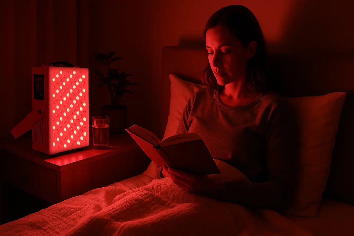 Persona leyendo en la cama con luz roja tenue, creando un ambiente relajante antes de dormir.