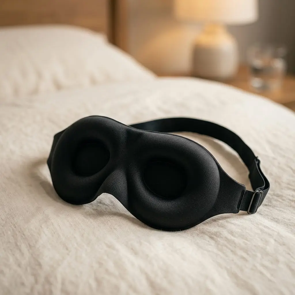 Antifaz 3D negro para dormir con diseño ergonómico y banda ajustable sobre una cama.