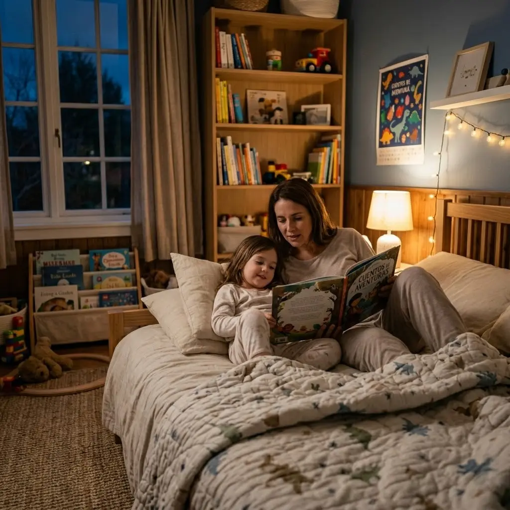 Madre leyendo un cuento a su hija en la cama antes de dormir en un ambiente cálido y acogedor
