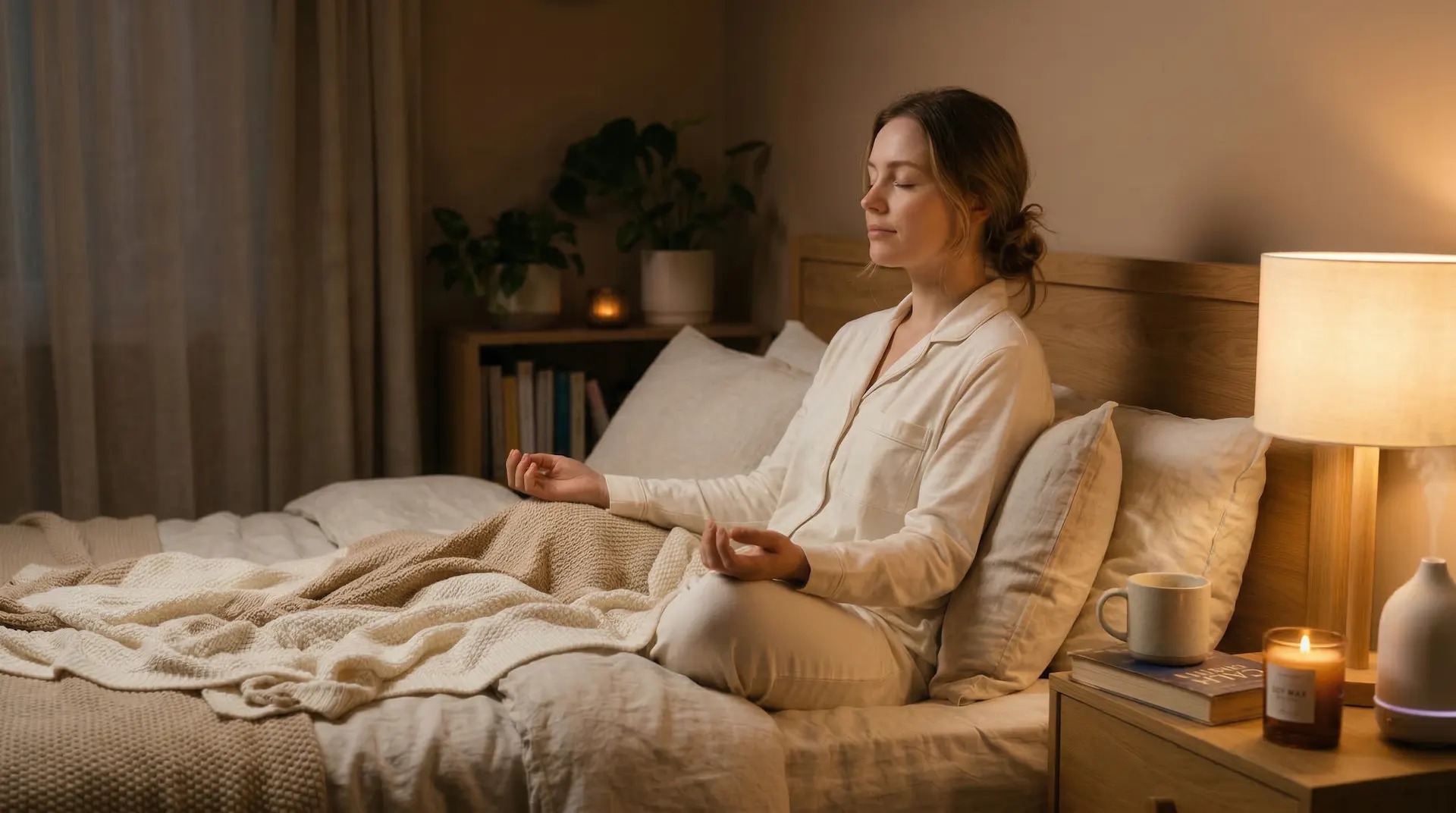 Mujer meditando en la cama con luz cálida antes de dormir, ambiente relajante y tranquilo