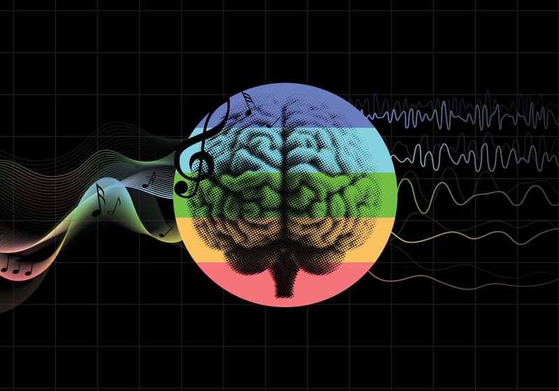Cerebro con ondas sonoras y notas musicales, representando el efecto de la música en la mente.