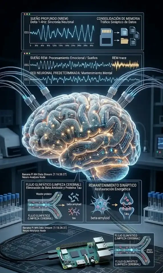Infografía técnica vertical que muestra un cerebro humano conectado a electrodos, con diagramas sobre la consolidación de memoria y el flujo glinfático de limpieza cerebral.