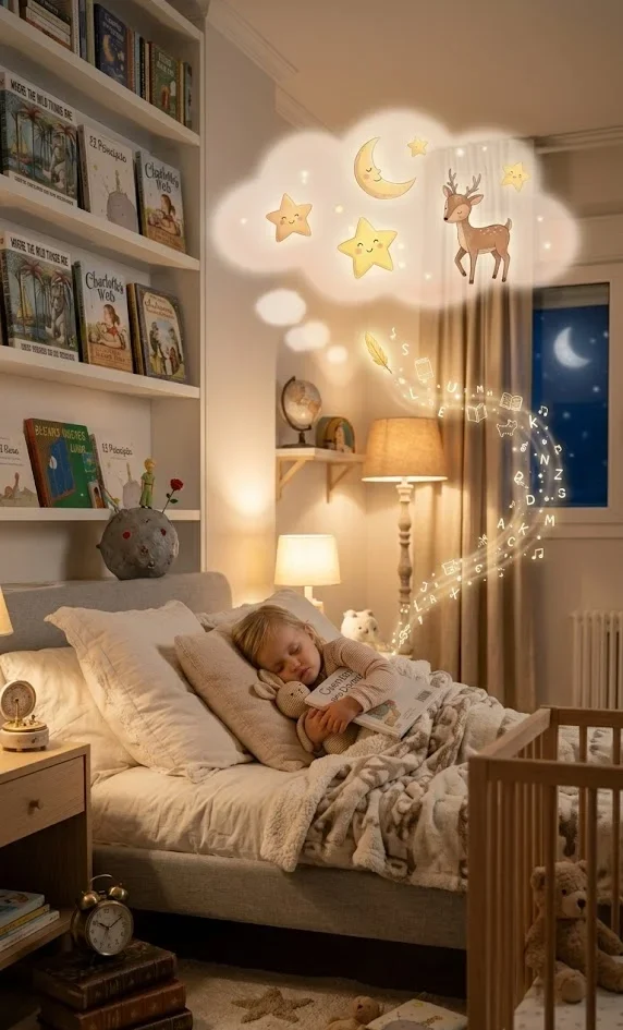 Niña pequeña durmiendo plácidamente con un libro, rodeada de una atmósfera mágica de sueños y estrellas