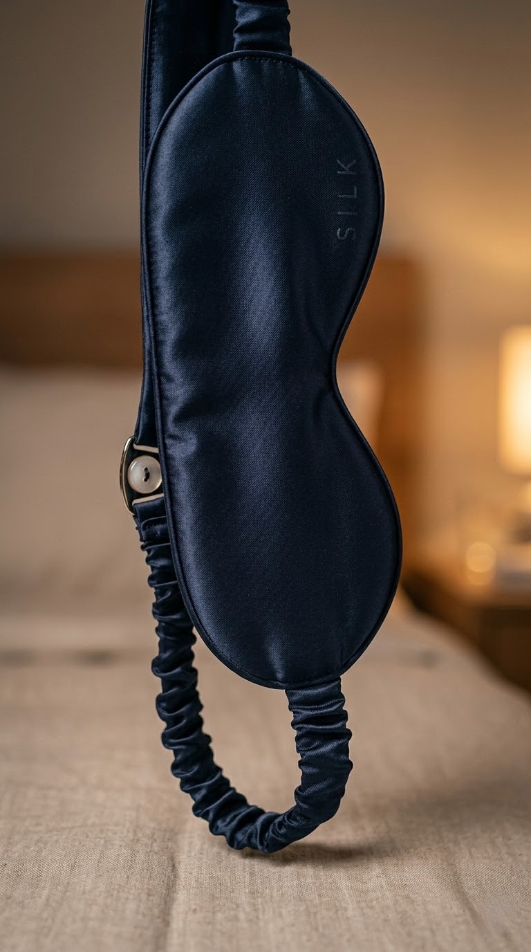 Primer plano vertical de un antifaz de seda azul oscuro de alta calidad colgando sobre una cama.