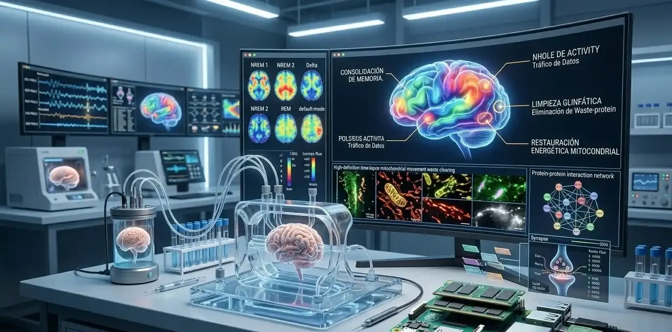 Vista panorámica de un laboratorio de neurotecnología con estaciones de microfluidos, procesadores Banana Pi y pantallas que analizan la actividad sináptica y molecular durante el sueño.
