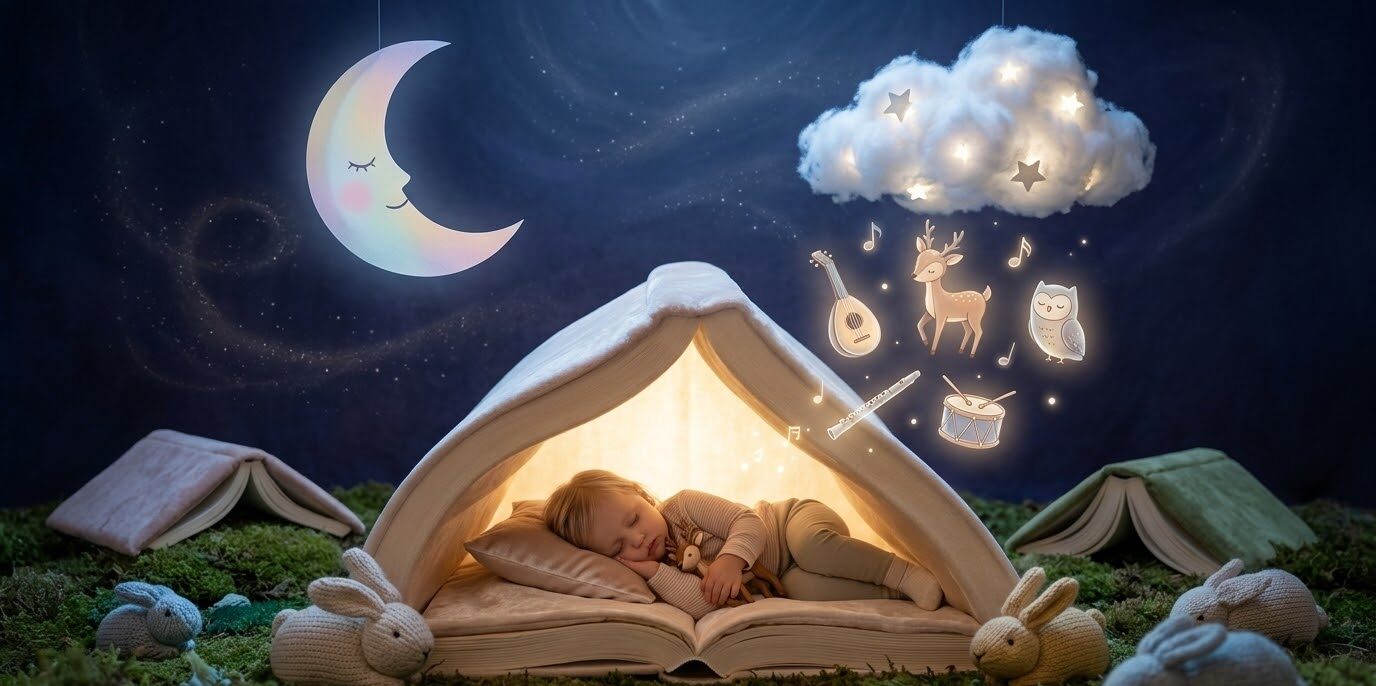 Bebé durmiendo en un libro abierto bajo una luna, rodeado de elementos mágicos y música suave.