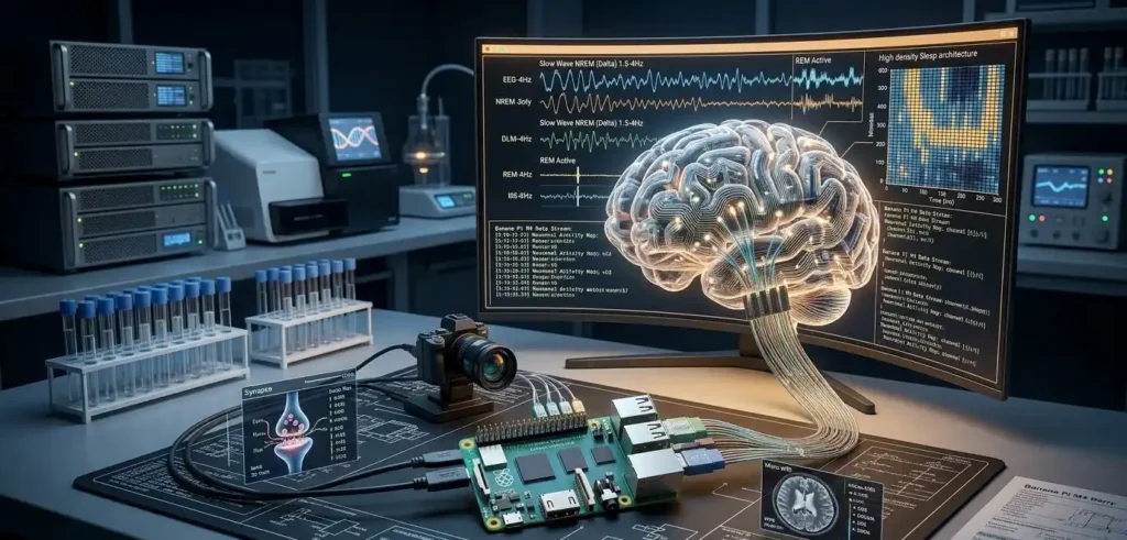 Representación científica de un cerebro conectado a sensores y un procesador, mostrando gráficas de ondas cerebrales y procesos de limpieza glinfática en una pantalla de laboratorio.
