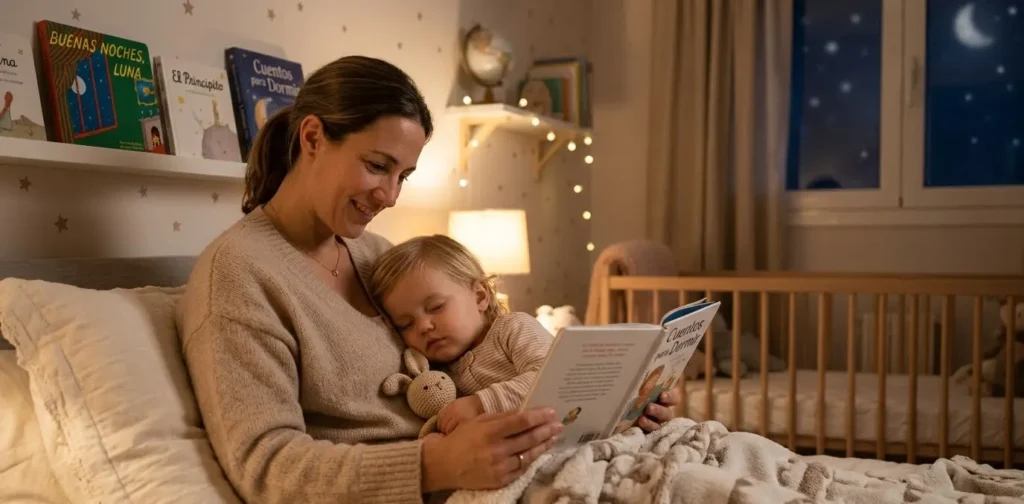 Madre leyendo un cuento a su bebé dormido en una habitación acogedora con luz cálida y ambiente nocturno.