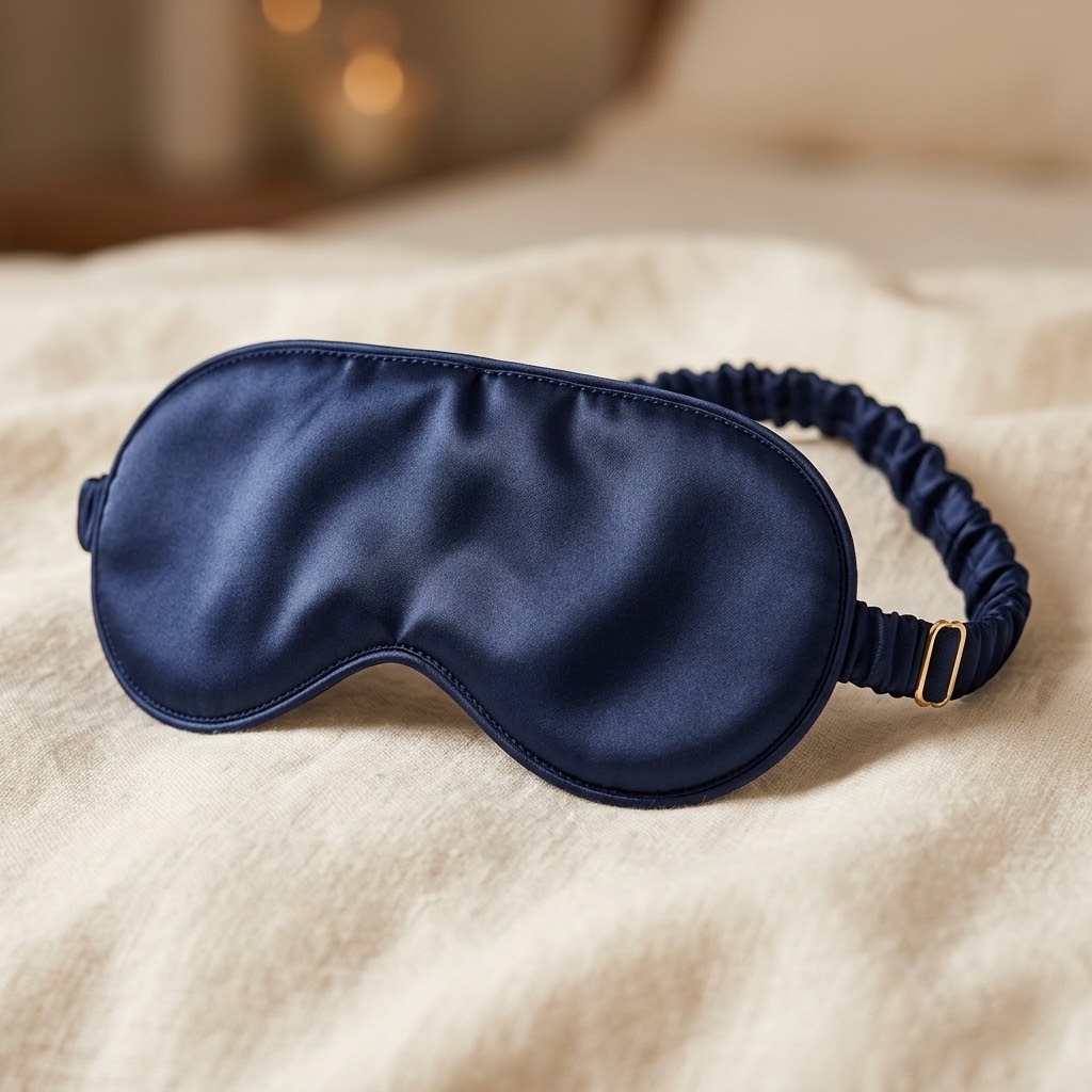 Antifaz de seda azul para dormir sobre la cama con banda elástica ajustable.