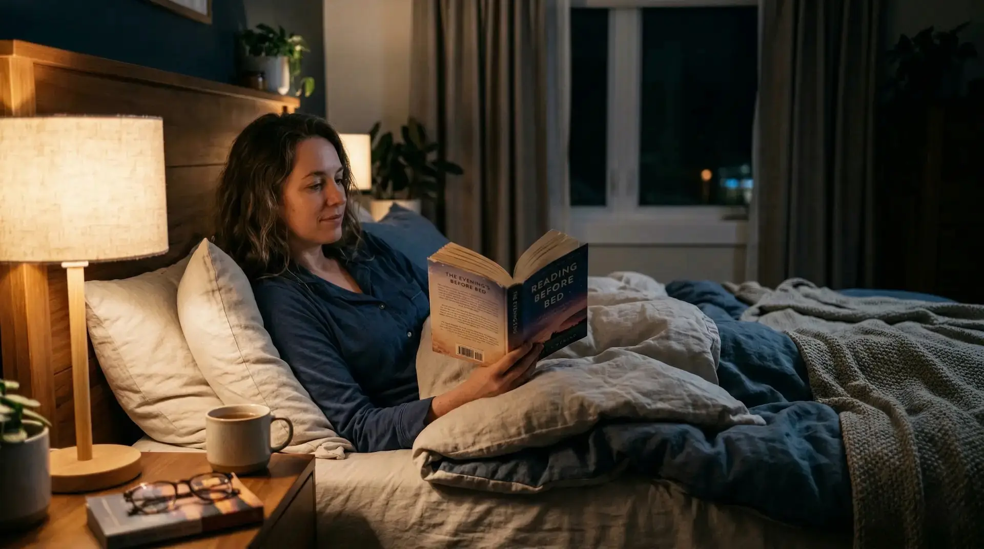 Persona leyendo en la cama con luz calida, un libro en las manos y una mesita con taza, gafas y otro libro